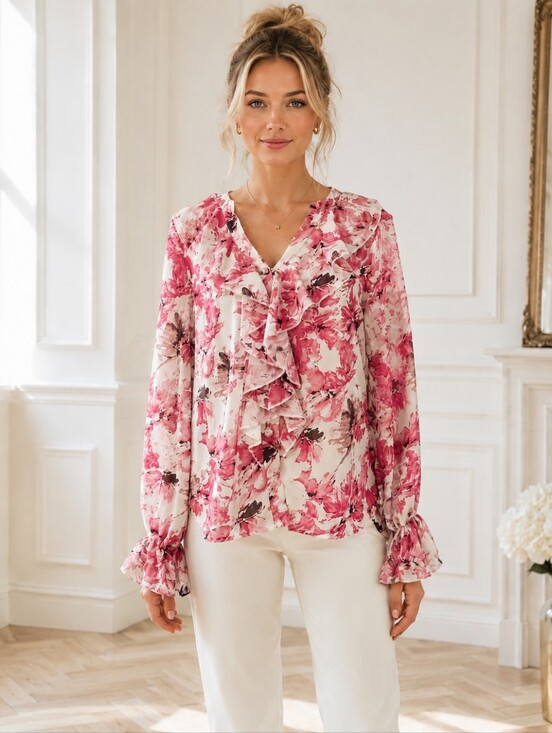 Tops - Pink Floral Ruffle Semi Sheer Blouse | Size Medium | Romantic Feminine